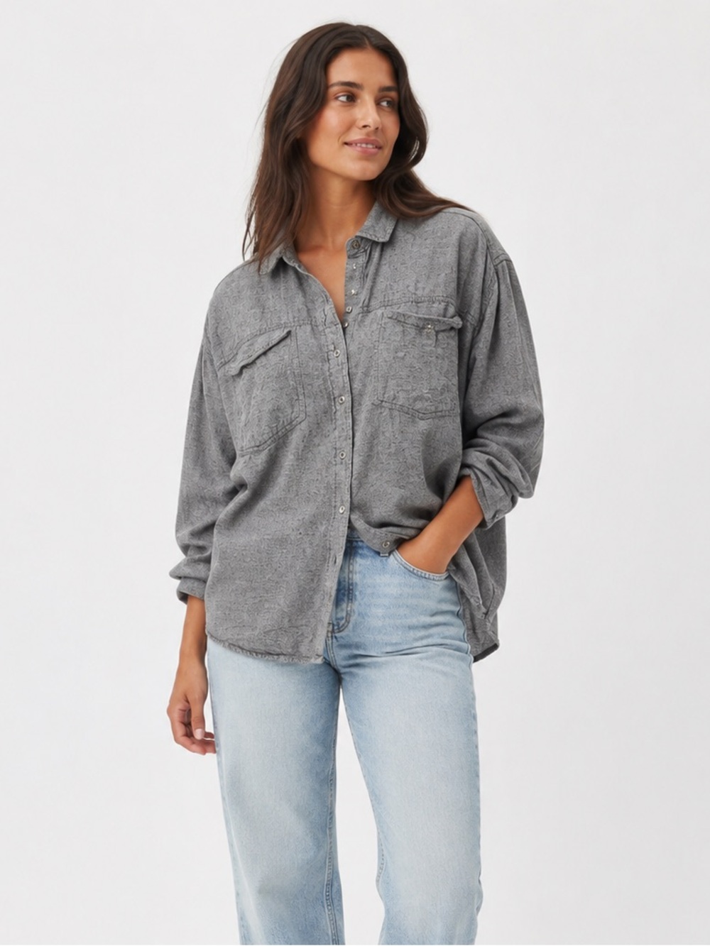 Aerie Gray Oversized Button Down Shirt Small Boyfriend Utility Top